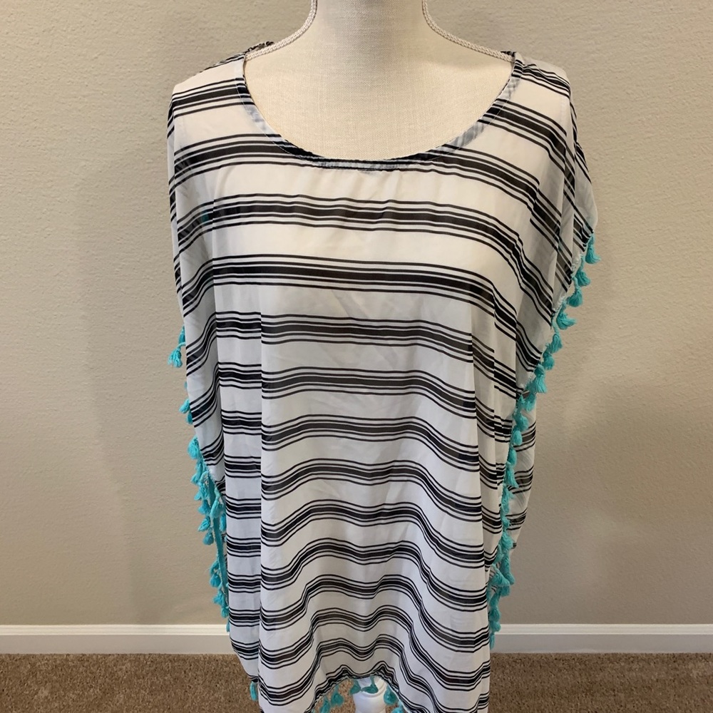 Striped Swim Coverup with Turquoise Tassels
